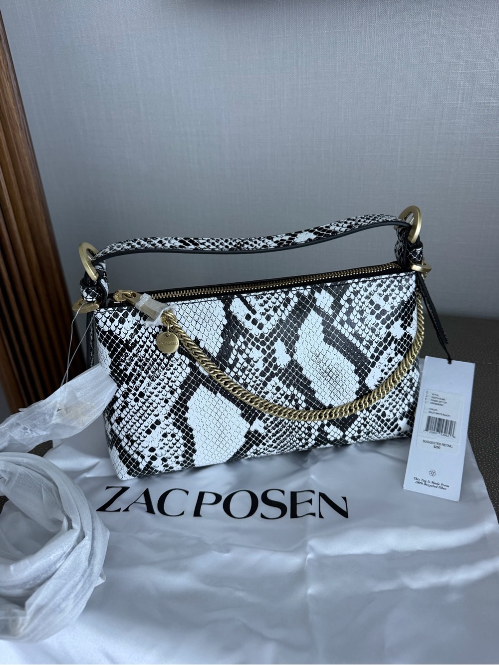 Zac Posen Black & White Snake-Print Shoulder Bag with Gold Chain